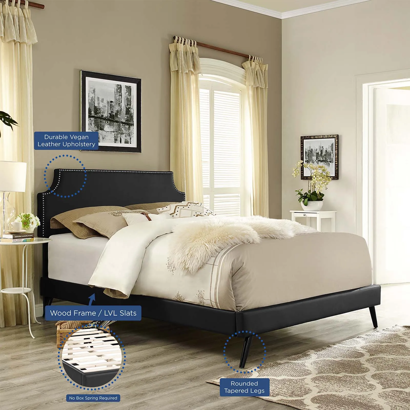Corene Vinyl Platform Bed with Round Splayed Legs