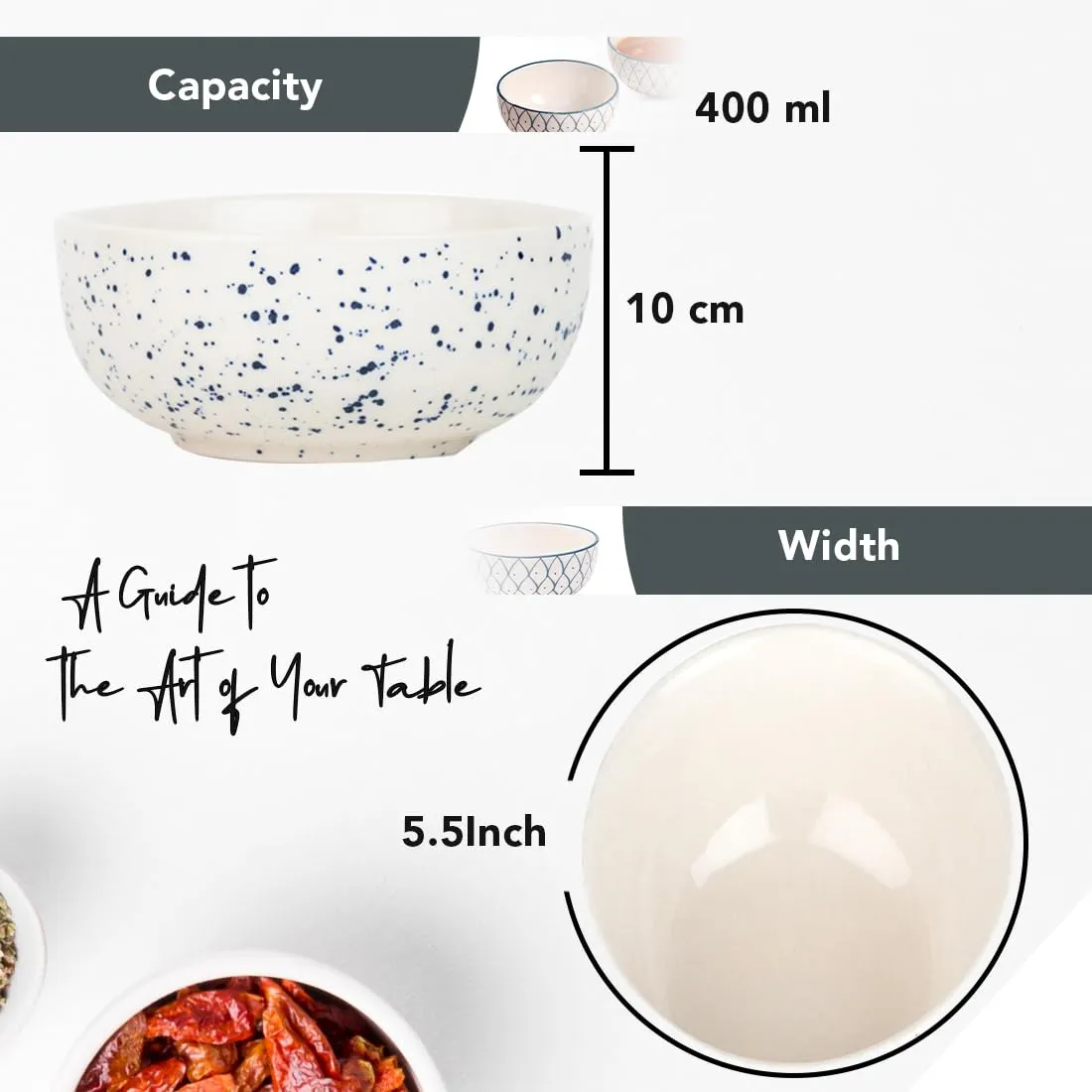 Ekhasa Ceramic Bowl Set for Kitchen (Microwave Safe, 2 Pcs, 400ml) | Ideal for Serving, Soup Bowl, Salad Bowl, Ramen Bowl, Pasta Bowl, Maggie Bowl, Noodle Bowl, Rice, Oats & Fruit Bowl