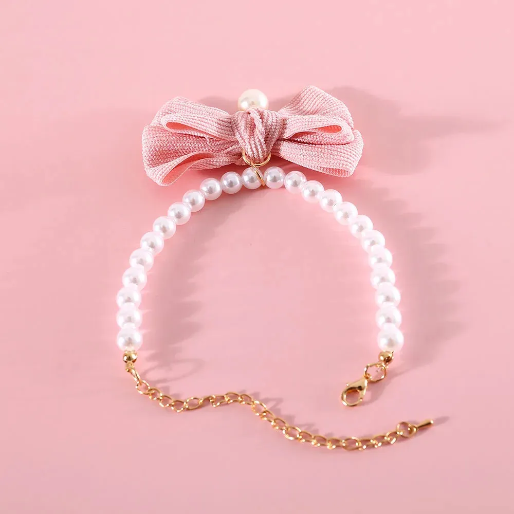 Elegant Pearl Cat & Small Dog Collar with Rhinestone Bow