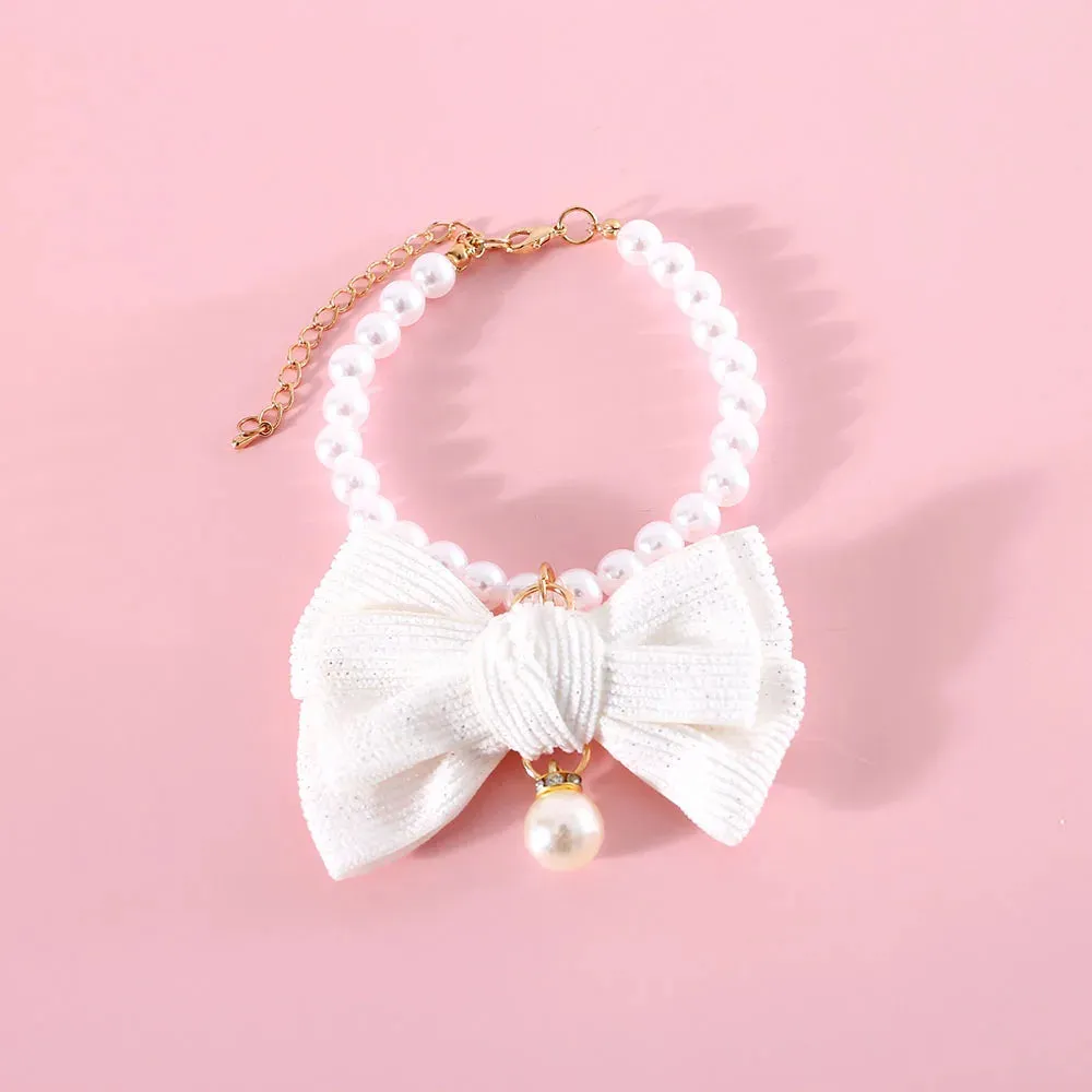 Elegant Pearl Cat & Small Dog Collar with Rhinestone Bow