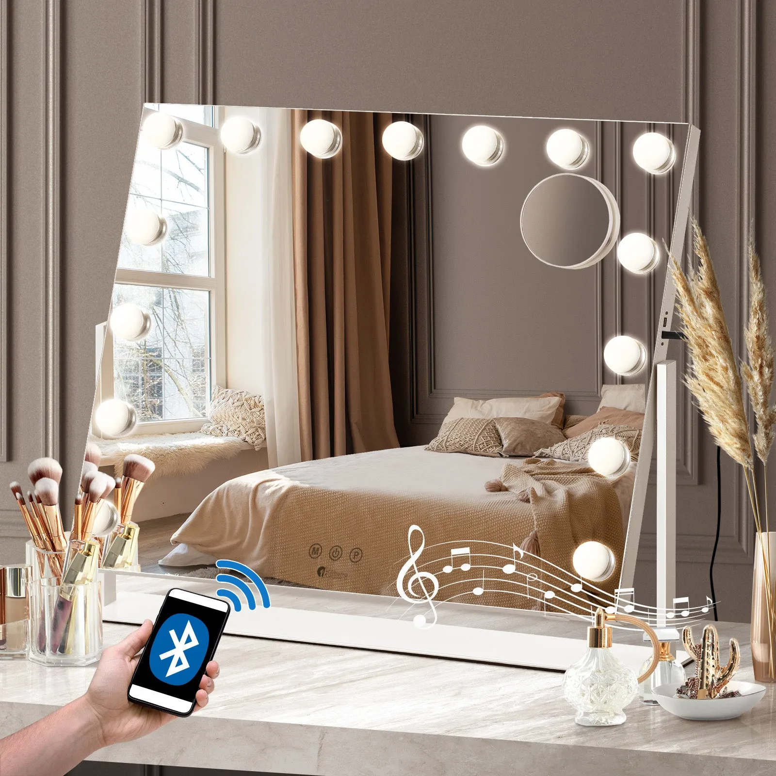 Oikiture Hollywood Makeup Mirrors LED Lights Bluetooth Rotation Vanity 58x46cm