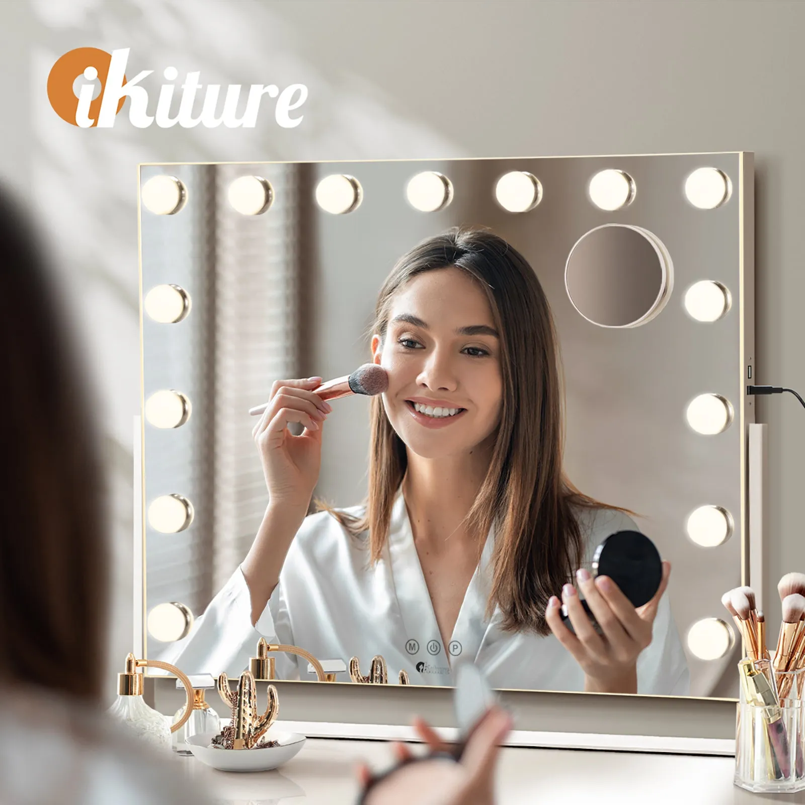 Oikiture Hollywood Makeup Mirrors LED Lights Bluetooth Rotation Vanity 58x46cm