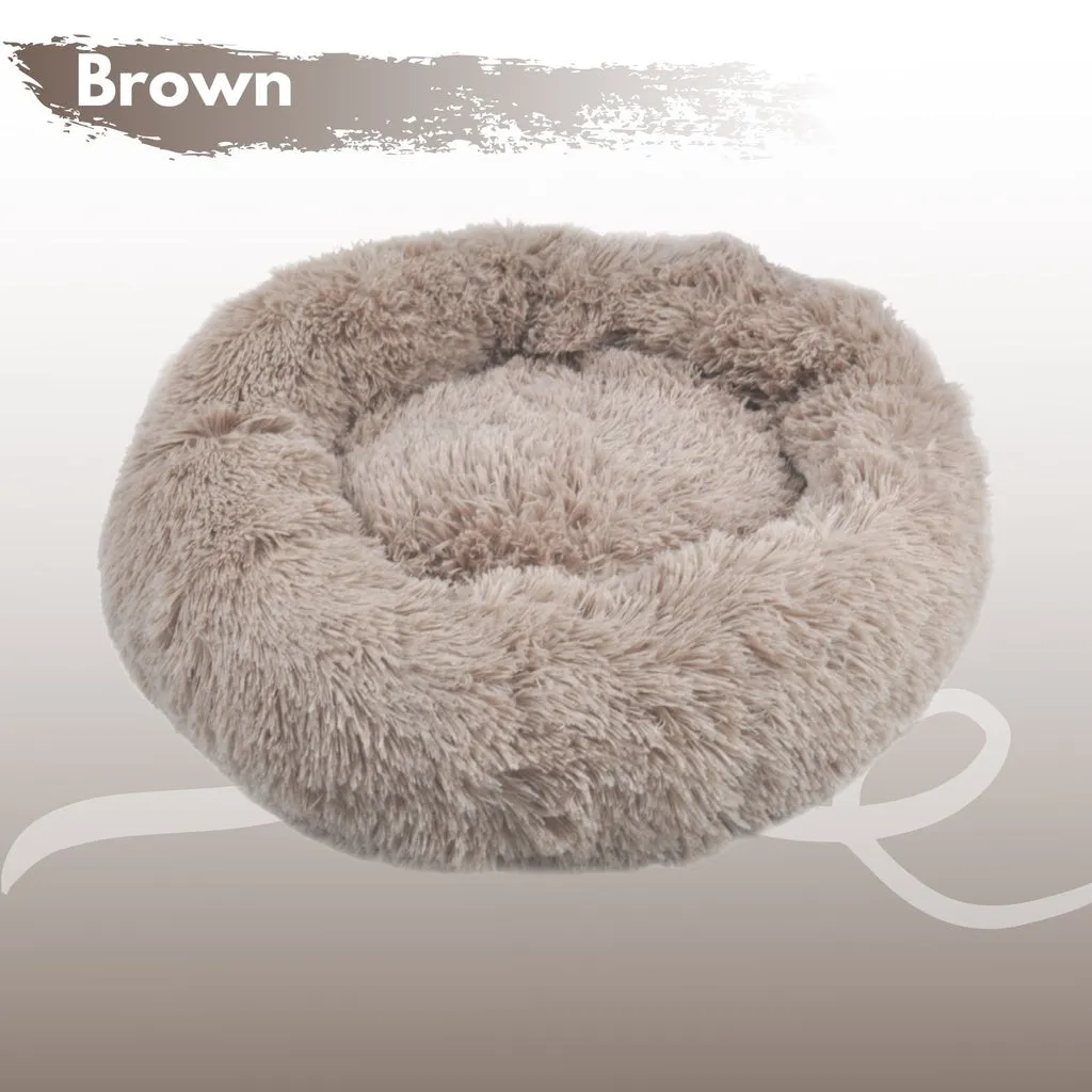 Plush Brown XL Round Pet Bed with Raised Sides, Floofi