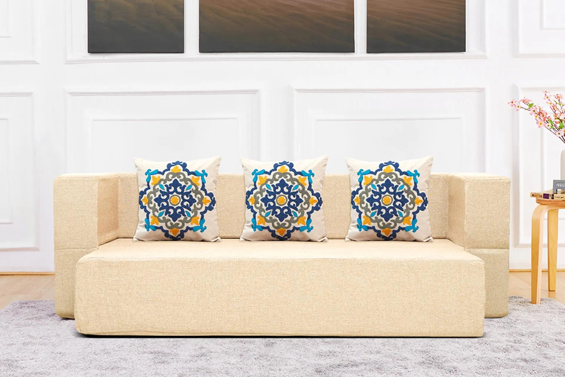 Uberlyfe New Age Folding Sofa Bed, Beige | 3 Seater | 3 Cushions- Blue Medallion Pattern
