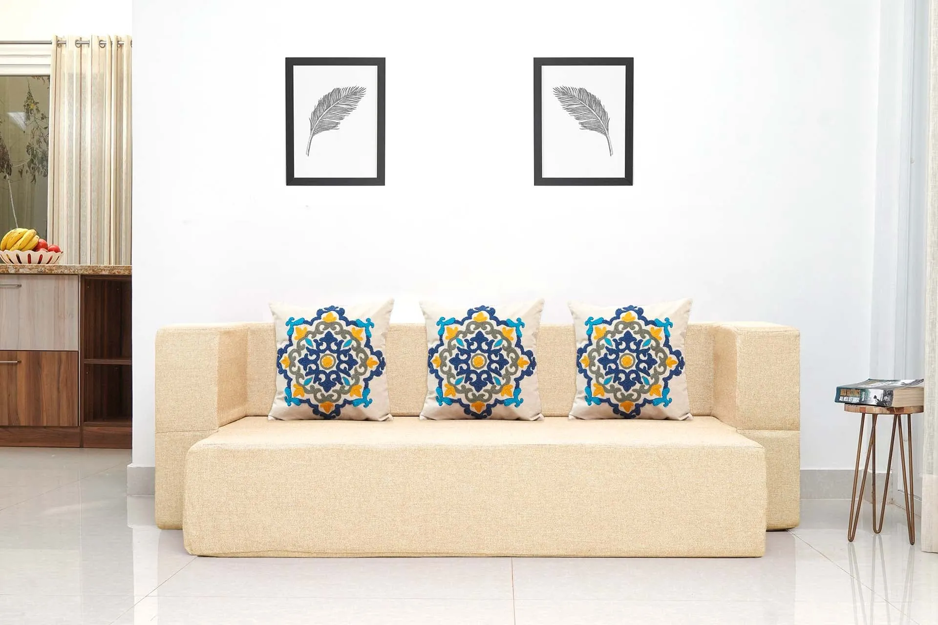 Uberlyfe New Age Folding Sofa Bed, Beige | 3 Seater | 3 Cushions- Blue Medallion Pattern