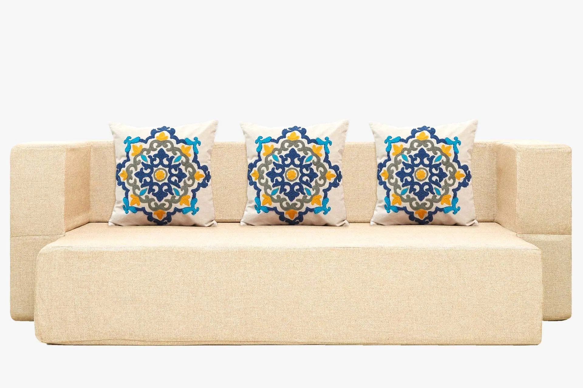 Uberlyfe New Age Folding Sofa Bed, Beige | 3 Seater | 3 Cushions- Blue Medallion Pattern