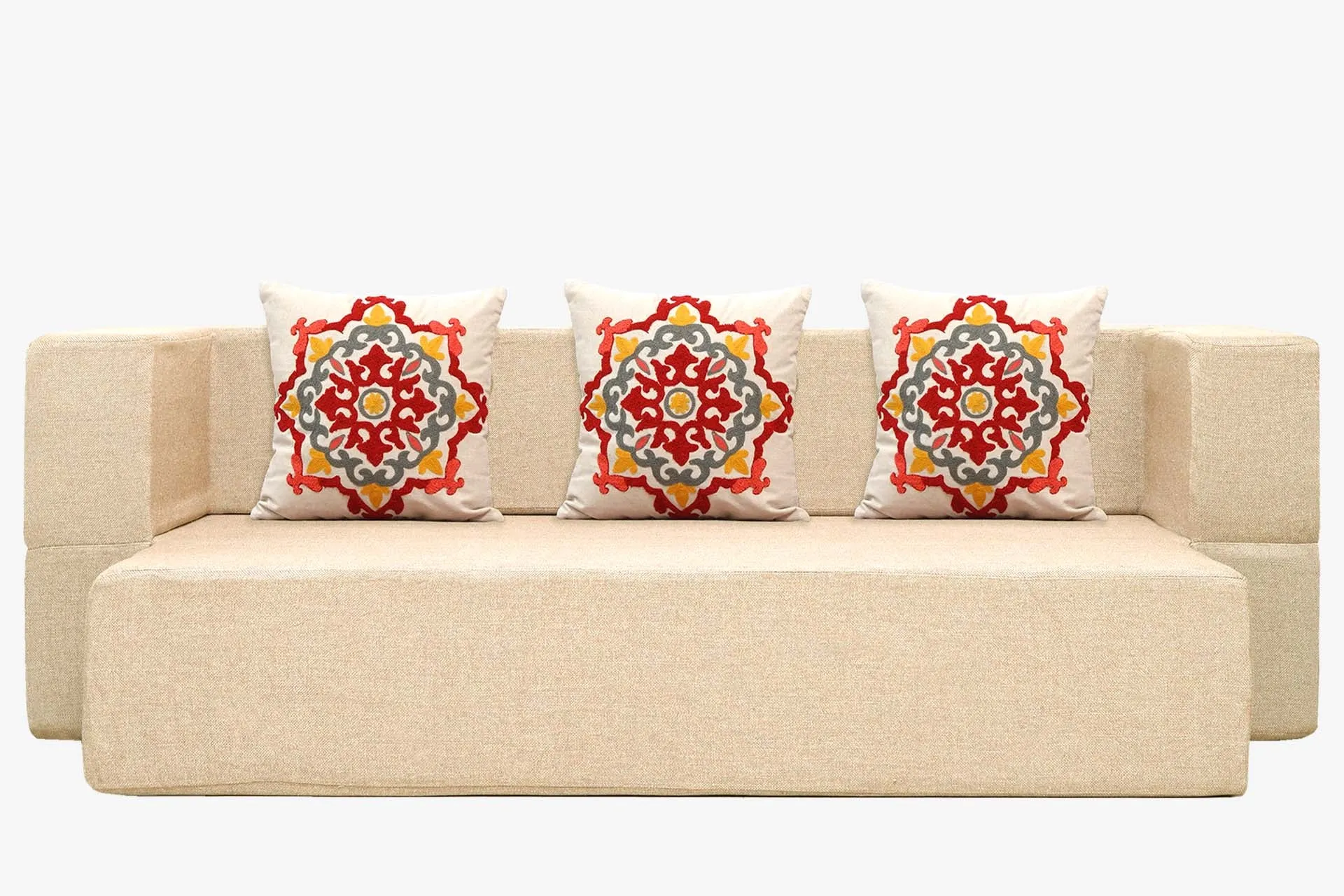 Uberlyfe New Age Folding Sofa Bed, Beige | 3 Seater | 3 Cushions- Red Medallion Pattern