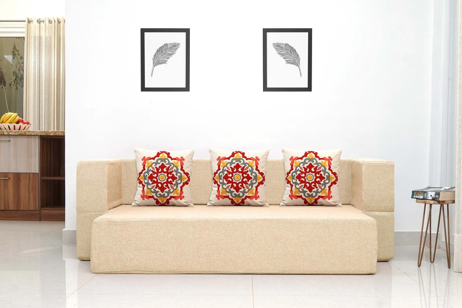 Uberlyfe New Age Folding Sofa Bed, Beige | 3 Seater | 3 Cushions- Red Medallion Pattern
