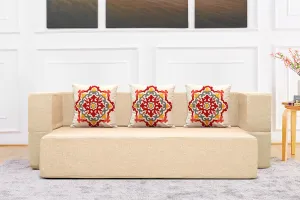 Uberlyfe New Age Folding Sofa Bed, Beige | 3 Seater | 3 Cushions- Red Medallion Pattern